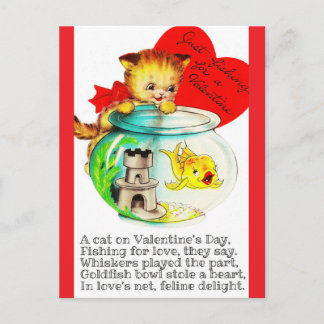 Kitten & Fish Bowl Vintage Valentine Postcard ポストカード