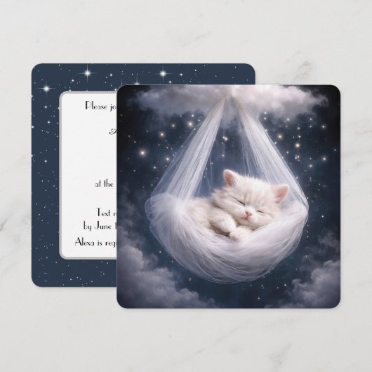 Kitten Hanging from a Tulle Hammock and Cloud 招待状 (正面/裏面)