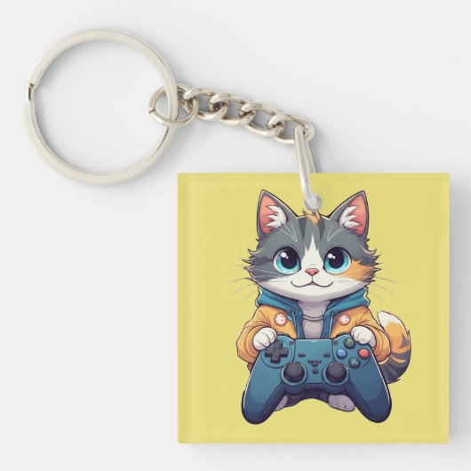 Kitten Holding Game Controller Smiling Gamer Cat キーホルダー (正面)
