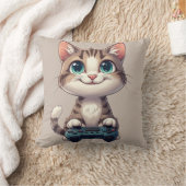 Kitten Holding Game Controller Smiling Gamer Cat クッション (ブランケット)