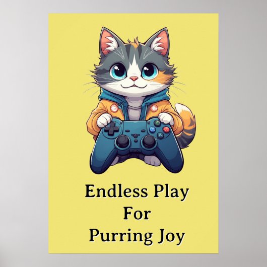 Kitten Holding Game Controller Smiling Gamer Cat ポスター (正面)