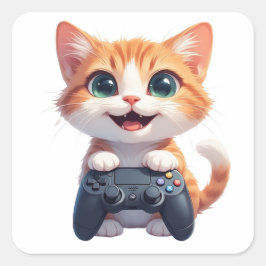 Kitten Holding Game Controller Smiling Gamer Cat I スクエアシール