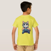 Kitten Holding Game Controller Smiling Gamer Cat Tシャツ (裏面フル)