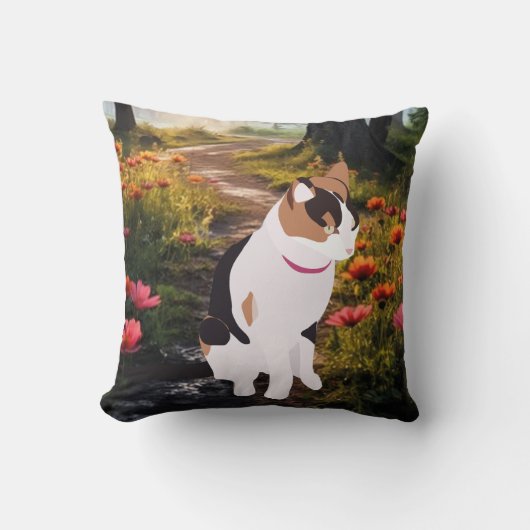 Kitten in a Magical Forest Throw Pillow クッション (正面)