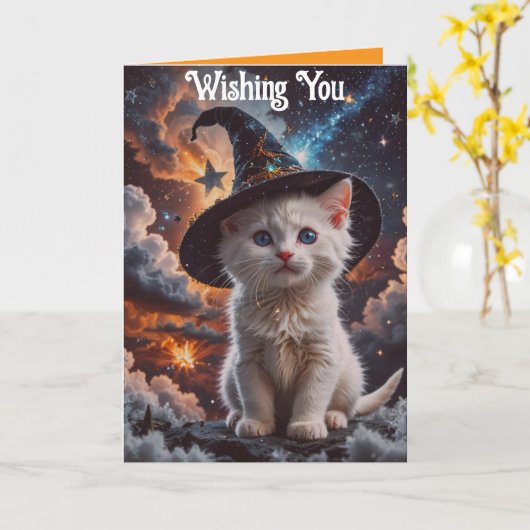 Kitten In A Witch Hat Halloween Card カード (黄色い花)