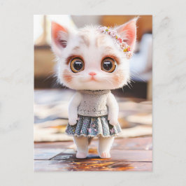 Kitten in Blue Skirt and flower pattern Blouse シーズンポストカード