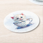Kitten in Cupブルーフラワーズ紙コースター ラウンドペーパーコースター (アングル)