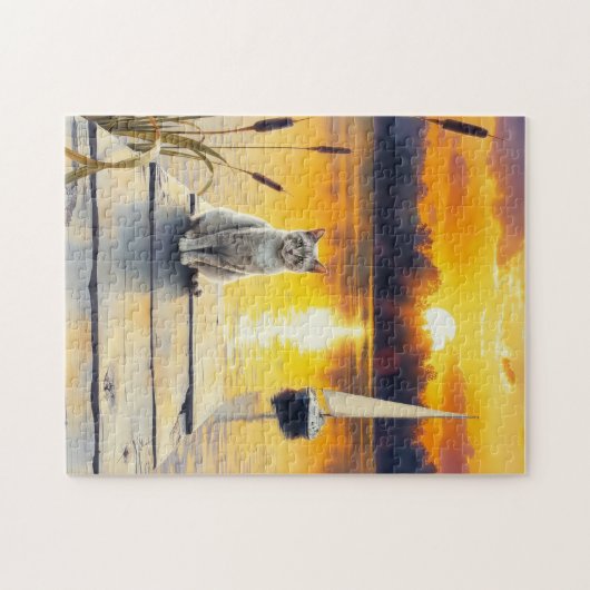 kitten on the dock at sunset ジグソーパズル (横)