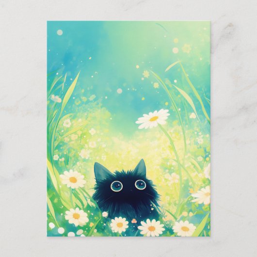 Kitten Peeking Through White Daisy Summer Meadow ポストカード (正面)