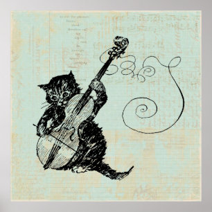 Kitten Playing Violin Teal Music Cat Illustration ポスター