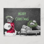 Kitten Santaとパッケージのスレッド シーズンポストカード<br><div class="desc">赤いサンタクロースのコートを着て、裾に白い毛皮を着た小さな子猫の可愛らしいヴィンテージのまわりに写真。白い毛皮のマフの首ぶら下がったものまわりにある。ソリの後ろにはパッケージが多く、飾りのないクリスマスのリースも置かれている。元々はグレーの写真で、リースだけでなく子猫のサンタのコートにも色が加わっている。クリスマスの挨拶は君が変更できる。</div>