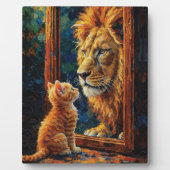 Kitten Seeing Lion Reflection Motivational Impasto フォトプラーク (正面)