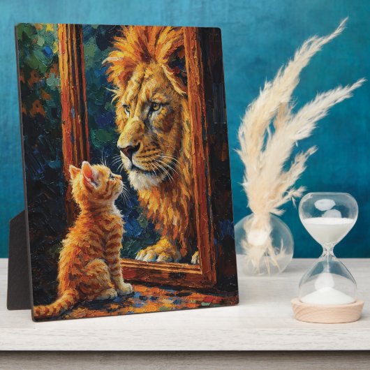 Kitten Seeing Lion Reflection Motivational Impasto フォトプラーク (側面)