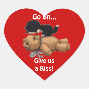 Kitten & Teddy Bearおもしろいキスをするハート ハートシール