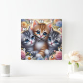 Kitten Trio:かわいい可愛い可愛いフローラ スクエア壁時計 (ホーム)