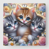Kitten Trio:かわいい可愛い可愛いフローラ スクエア壁時計 (正面)