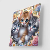 Kitten Trio:かわいい可愛い可愛いフローラ スクエア壁時計 (傾斜)
