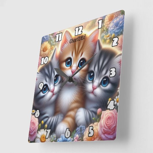 Kitten Trio:かわいい可愛い可愛いフローラ スクエア壁時計 (傾斜)