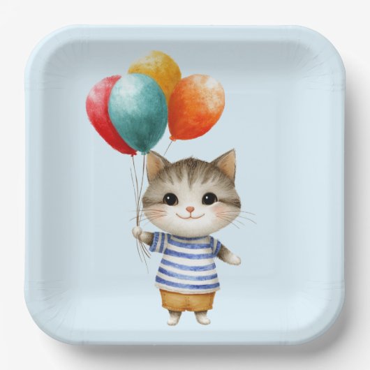 Kitten with Birthday Balloons | Cute Party Celebra ペーパープレート (正面)