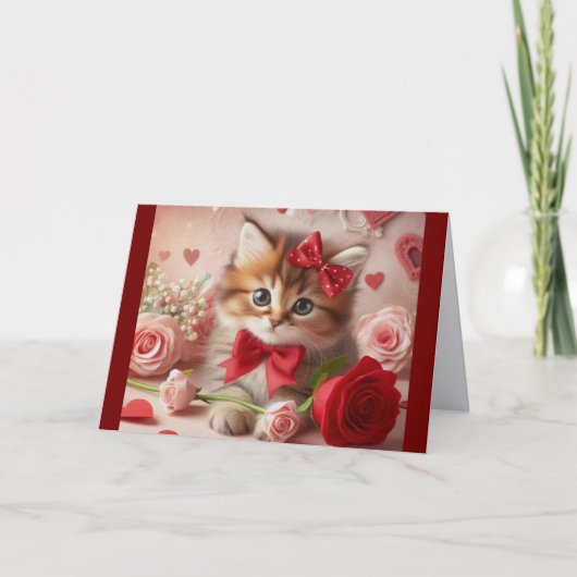 Kitten With Roses And Hearts Holiday Card シーズンカード (正面)