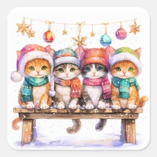 Kittens Celebrating Christmas, cuddly and cute, スクエアシール (正面)