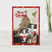 Kittens Merry Cat-mess Card | Red Plaid Christmas シーズンカード (正面)