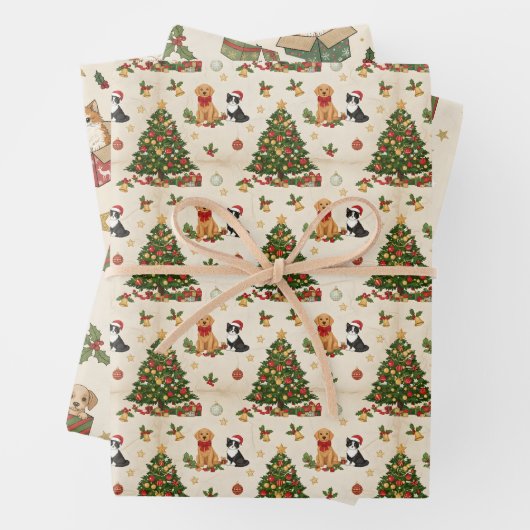 Kittens, Puppies, and Christmas Trees Pattern ラッピングペーパーシート (インサイチュ)