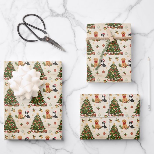 Kittens, Puppies, and Christmas Trees Pattern ラッピングペーパーシート (正面)
