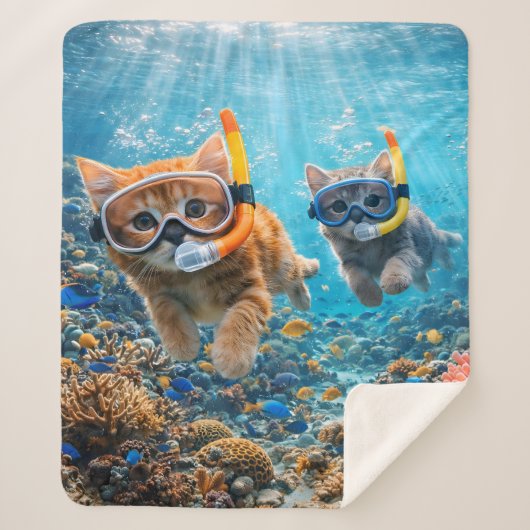 Kittens snorkelling underwater coral reef fleece b シェルパブランケット (正面)