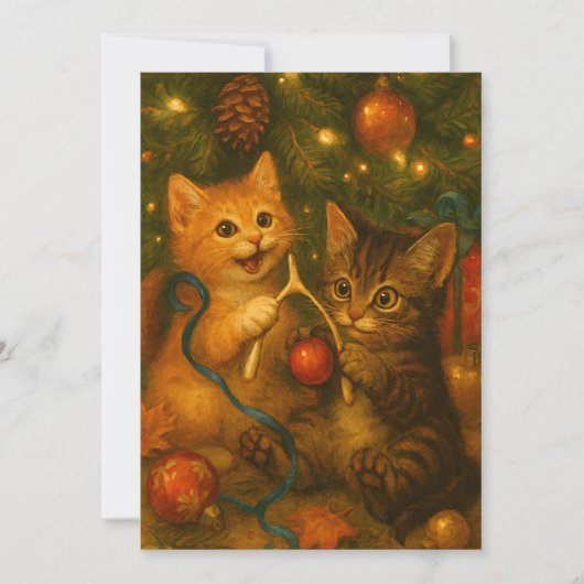 Kittens & Turkey Wishbone Under Christmas Tree シーズンカード (正面)