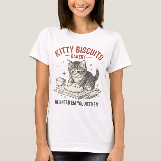 Kitty Biscuits Bakery | 笑える猫のパン職人パロディ Tシャツ (正面)