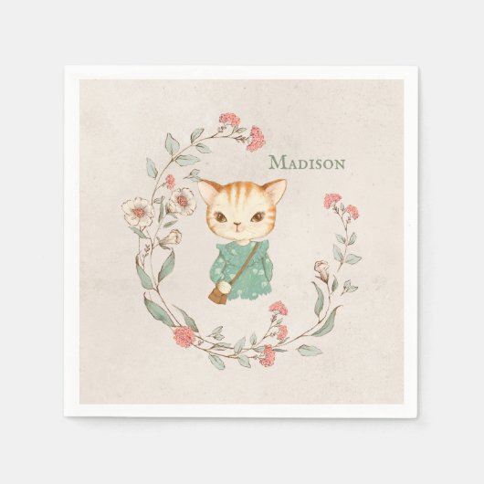 Kitty Catフローラパーソナライズされた名ガーリーKitten スタンダードカクテルナプキン (正面)