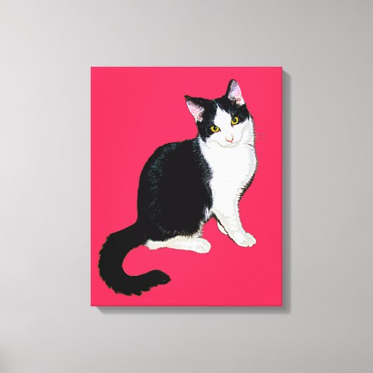 Kitty Cat、白黒オンホットピンク キャンバスプリント (正面)