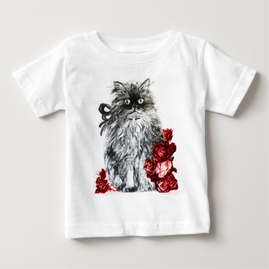 KITTY CAT，赤いバラの子猫，白黒 ベビーTシャツ (正面)