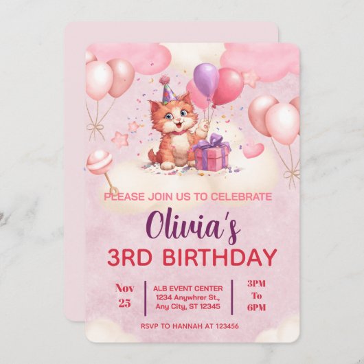 Kitty Cat Celebration Birthday Invitation 招待状 (正面/裏面)