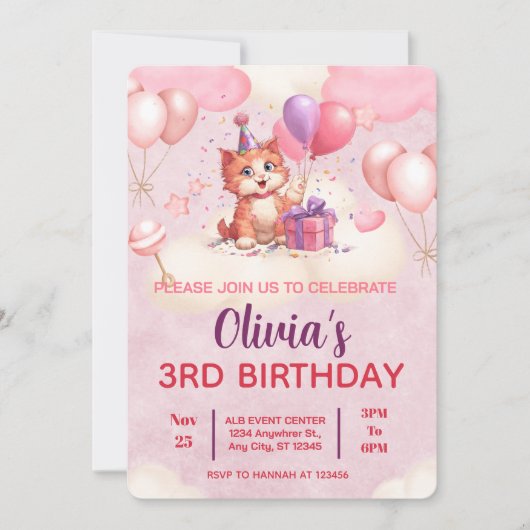 Kitty Cat Celebration Birthday Invitation 招待状 (正面)