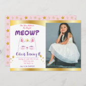 Kitty Cat Pink金ゴールド誕生会写真 招待状 (正面/裏面)
