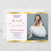 Kitty Cat Pink金ゴールド誕生会写真 招待状 (正面)