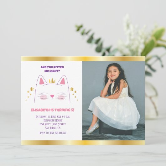 Kitty Cat Pink金ゴールド誕生会写真 招待状 (スタンド正面)