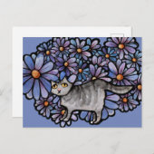 Kitty Cat Purpleデイジーグレイ猫アートグレイ猫 シーズンポストカード (正面/裏面)