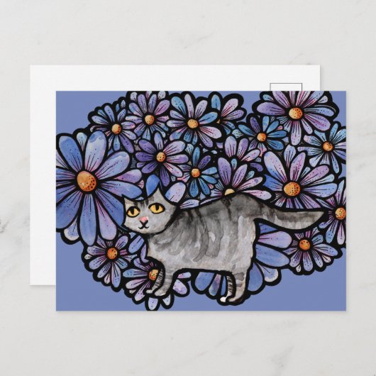 Kitty Cat Purpleデイジーグレイ猫アートグレイ猫 シーズンポストカード (正面/裏面)