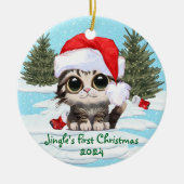 Kitty Cat Santa Hat、カスタマイズ可能!かわいい猫 セラミックオーナメント (正面)
