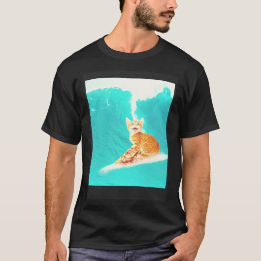 Kitty Cat Surfing Pizza Tシャツ (正面)