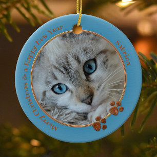Kitty Keepsake Blue Christmas Photo Ornament セラミックオーナメント