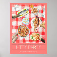 "Kitty Party" 水彩画アートポスター