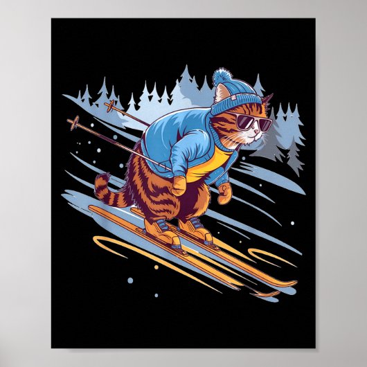 Kitty skiing down a snowy slope funny  ポスター (正面)