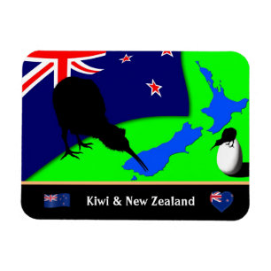 Kiwi Bird、ニュージーランドの旗と地図/art マグネット
