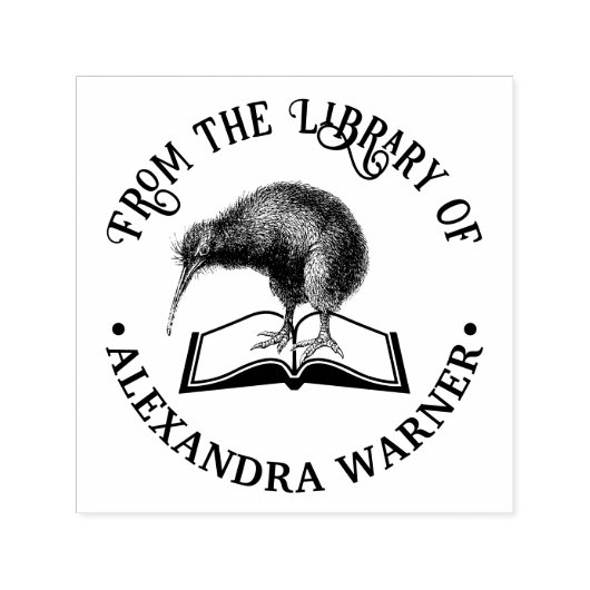 Kiwi Bird on a Book Round Library図書名 セルフインキングスタンプ (デザイン)