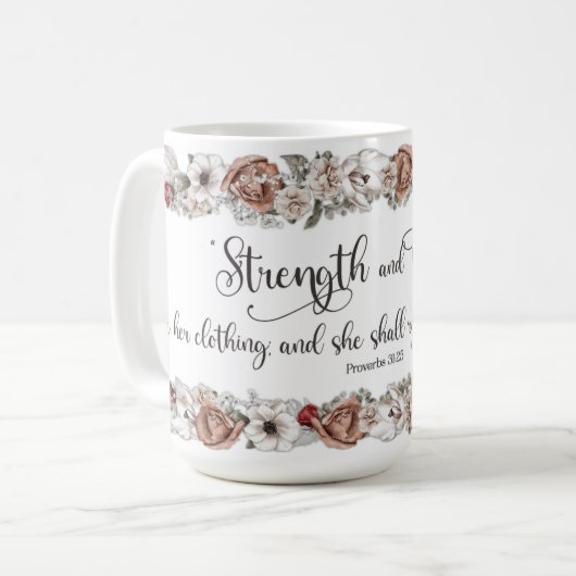 KJV Verse Strength and Honor Christian Ladies コーヒーマグカップ (正面左)