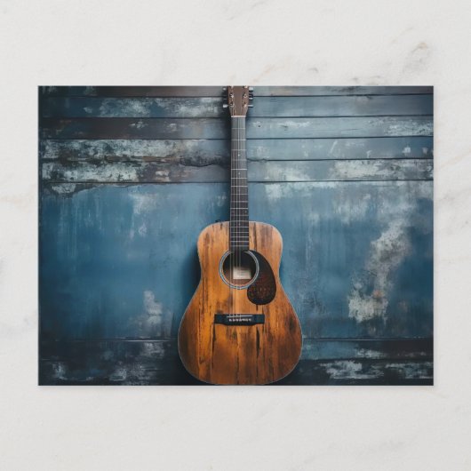 Klassische Gitarre an blauer rustikaler Holzwand ポストカード (正面)